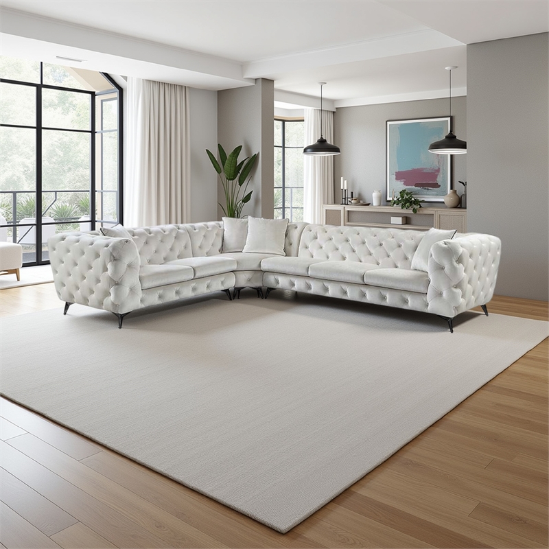 Ronia Sectional Sofa- 4 Throw Pillows- Tufted Ivory White- 133 Inch