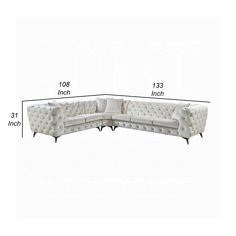 Ronia Sectional Sofa- 4 Throw Pillows- Tufted Ivory White- 133 Inch