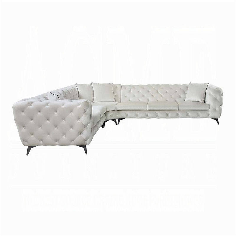 Ronia Sectional Sofa- 4 Throw Pillows- Tufted Ivory White- 133 Inch