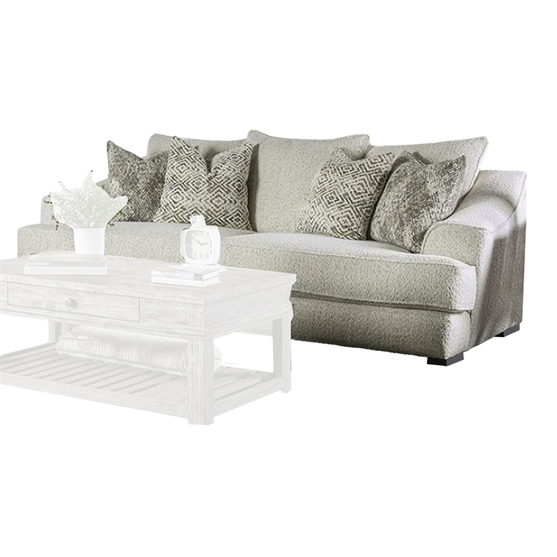 Syma Sofa- Ivory Boucle- 4 Throw Pillows- Sloped Track Arms- 102 Inch