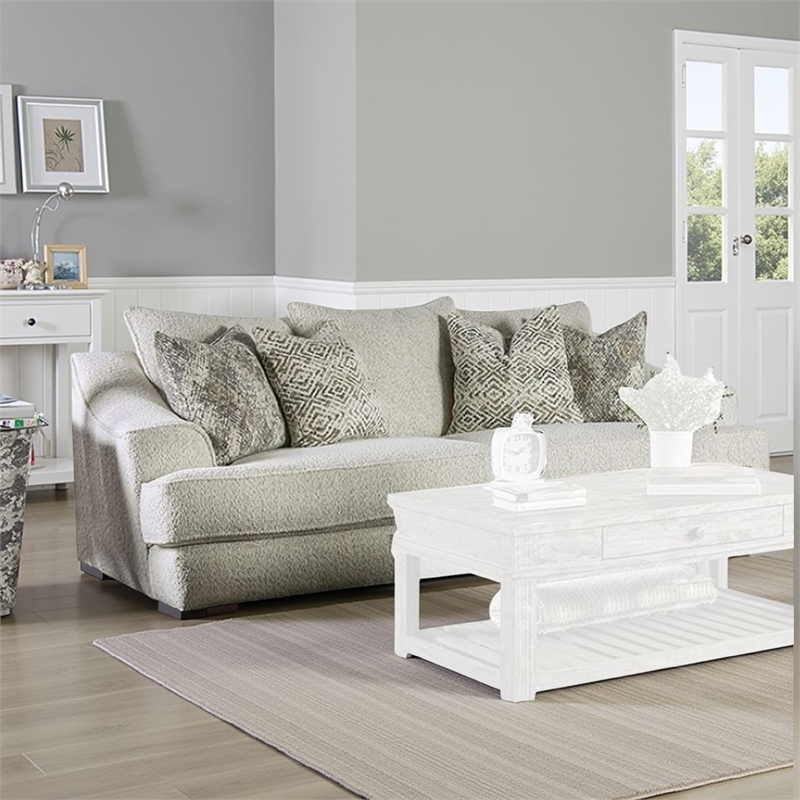 Syma Sofa- Ivory Boucle- 4 Throw Pillows- Sloped Track Arms- 102 Inch