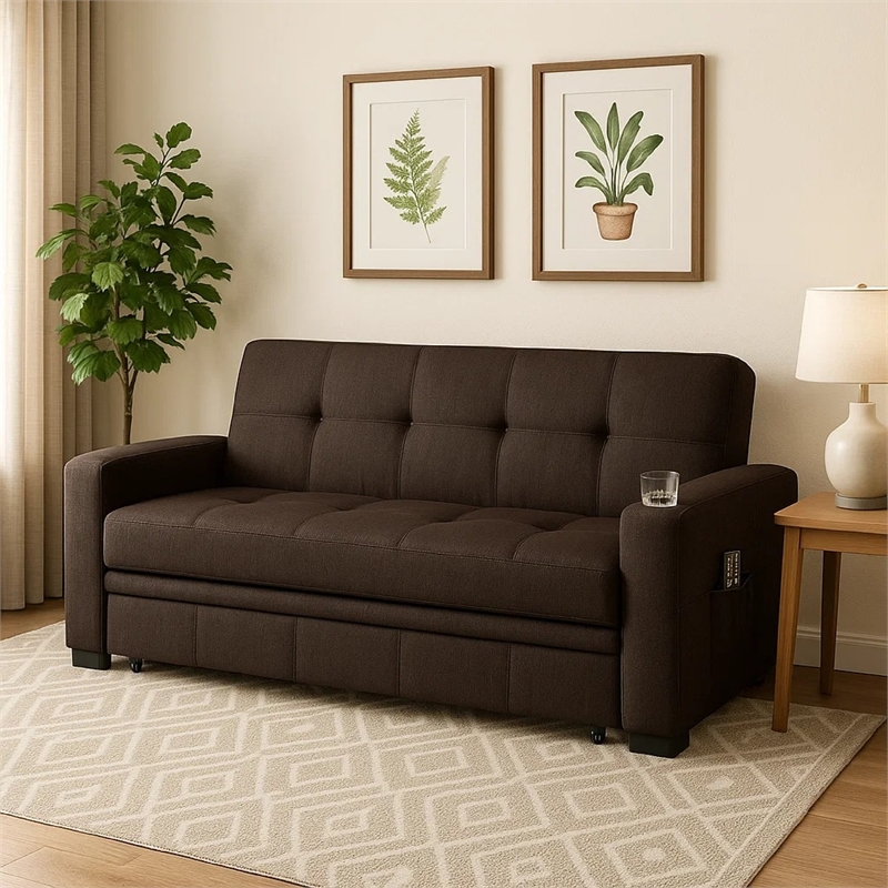 Futon Sofa- Brown Fabric Upholstery- Pull Out Base- Button Tufting