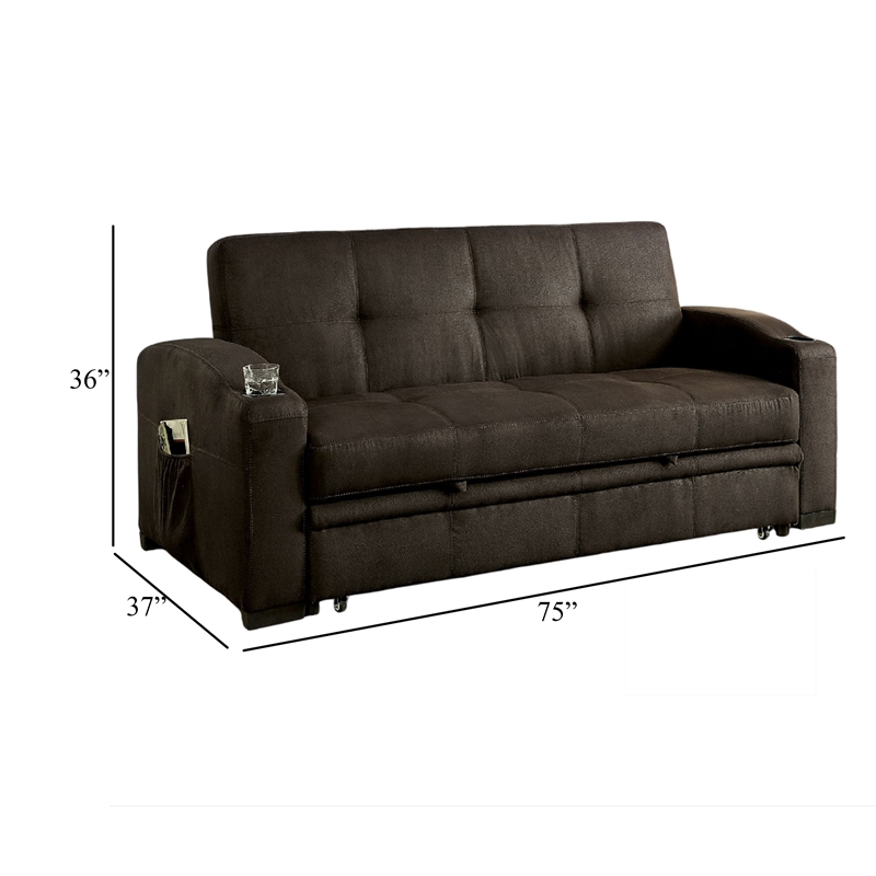 Futon Sofa- Brown Fabric Upholstery- Pull Out Base- Button Tufting