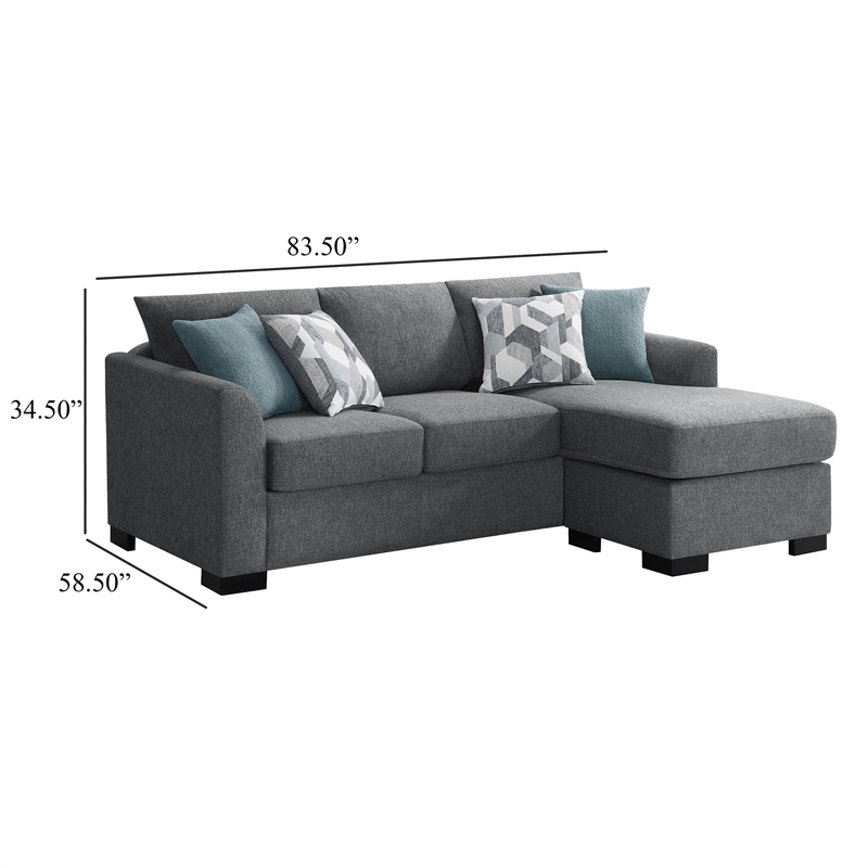 Storia Sleeper Sectional Chaise Sofa- Heather Gray- 4 Pillows- 84 Inch