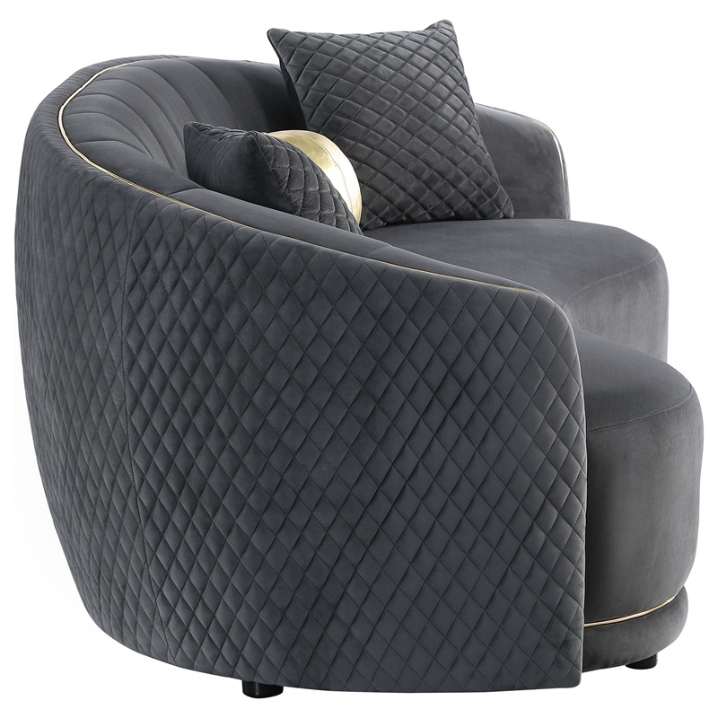 Buo Curved Sofa- 92 Inch- Dark Gray Polyester- Gold Trim- 3 Pillows