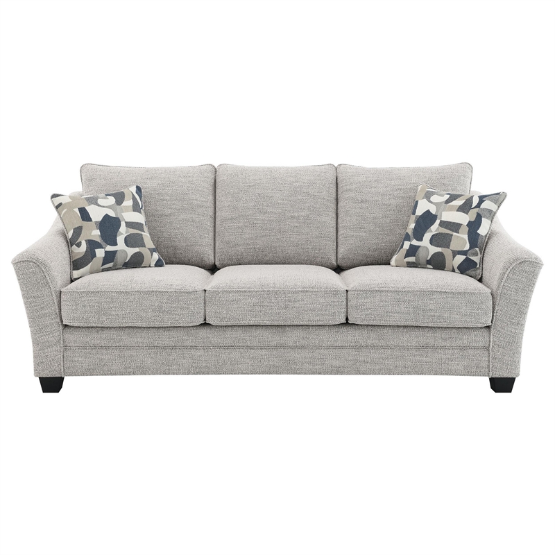 Kito Sofa- 84 Inch Modern Light Gray Fabric- 2 Accent Throw Pillows