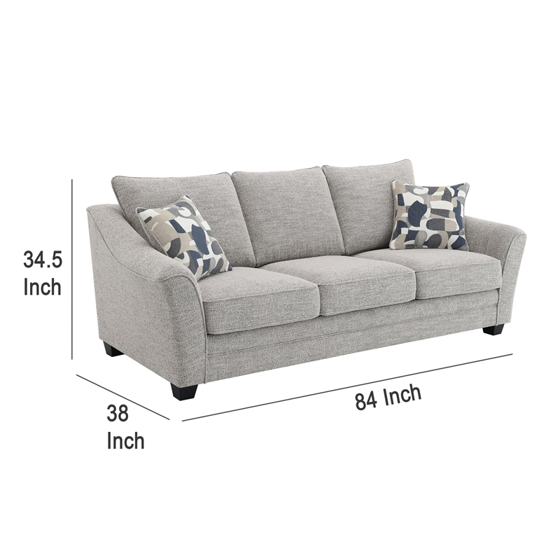 Kito Sofa- 84 Inch Modern Light Gray Fabric- 2 Accent Throw Pillows
