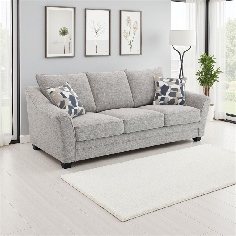 Kito Sofa- 84 Inch Modern Light Gray Fabric- 2 Accent Throw Pillows