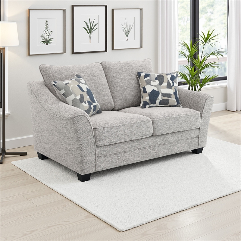 Kito Loveseat- 61 Inch Modern Light Gray Fabric- 2 Accent Pillows