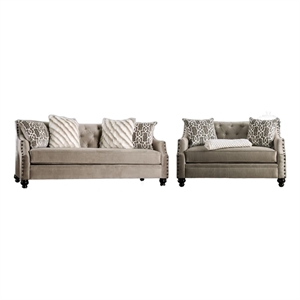 Erin Sofa Loveseat Set- 6 Large Pillows- Brown Small Weave Chenille
