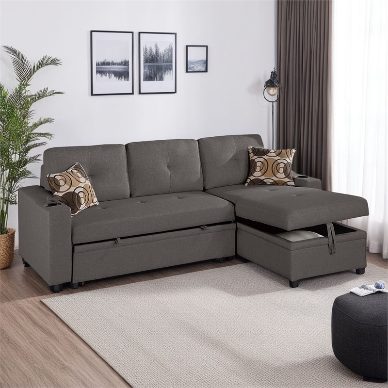 Pero Sectional Sofa Pull Out Bed with Storage Chaise- Pillows- Black