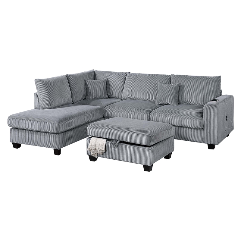 Roe 3pc Sectional Sofa Set w Chaise- Ottoman- 2 Pillows- Fog Gray