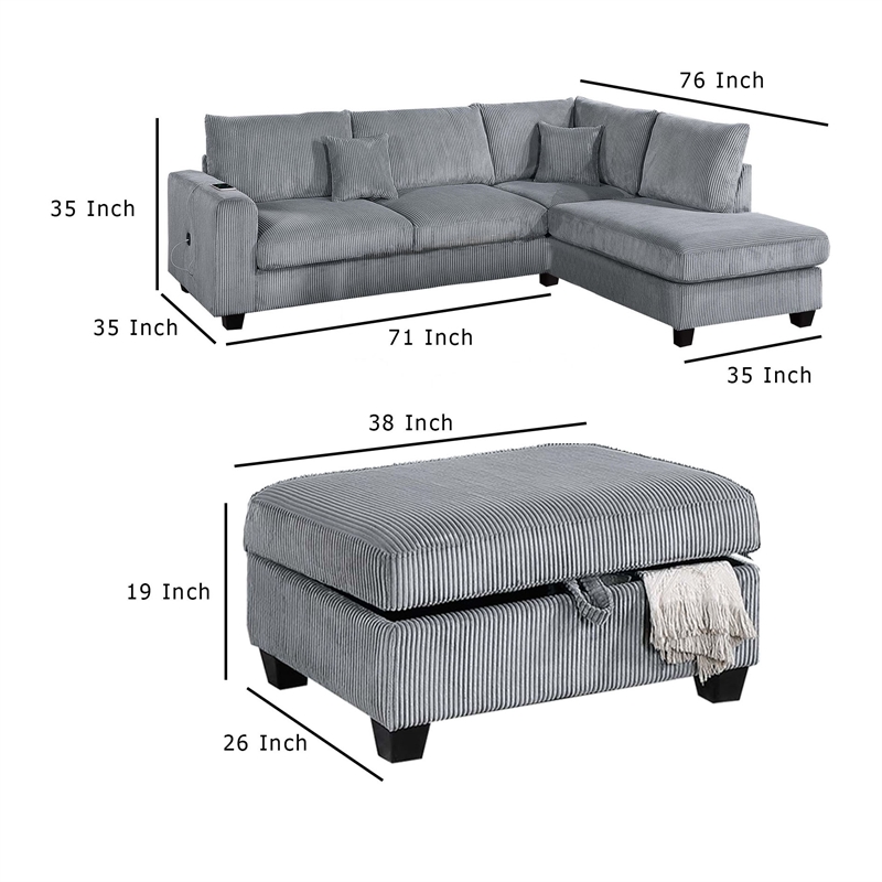 Roe 3pc Sectional Sofa Set w Chaise- Ottoman- 2 Pillows- Fog Gray