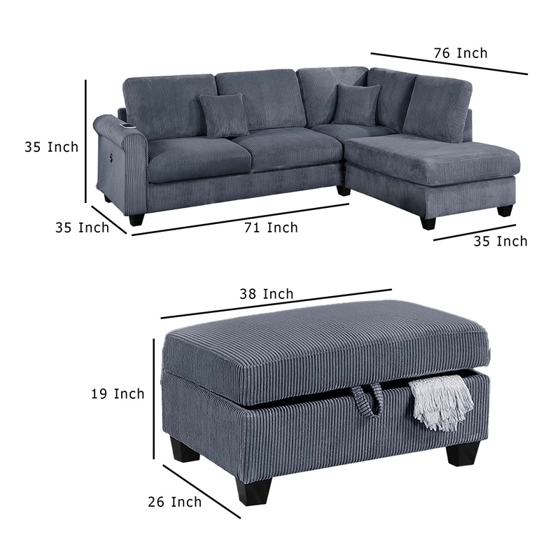 Roe 3pc Sectional Sofa Set with Chaise- Ottoman- 2 Pillows- Dark Gray