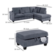 Roe 3pc Sectional Sofa Set with Chaise- Ottoman- 2 Pillows- Dark Gray
