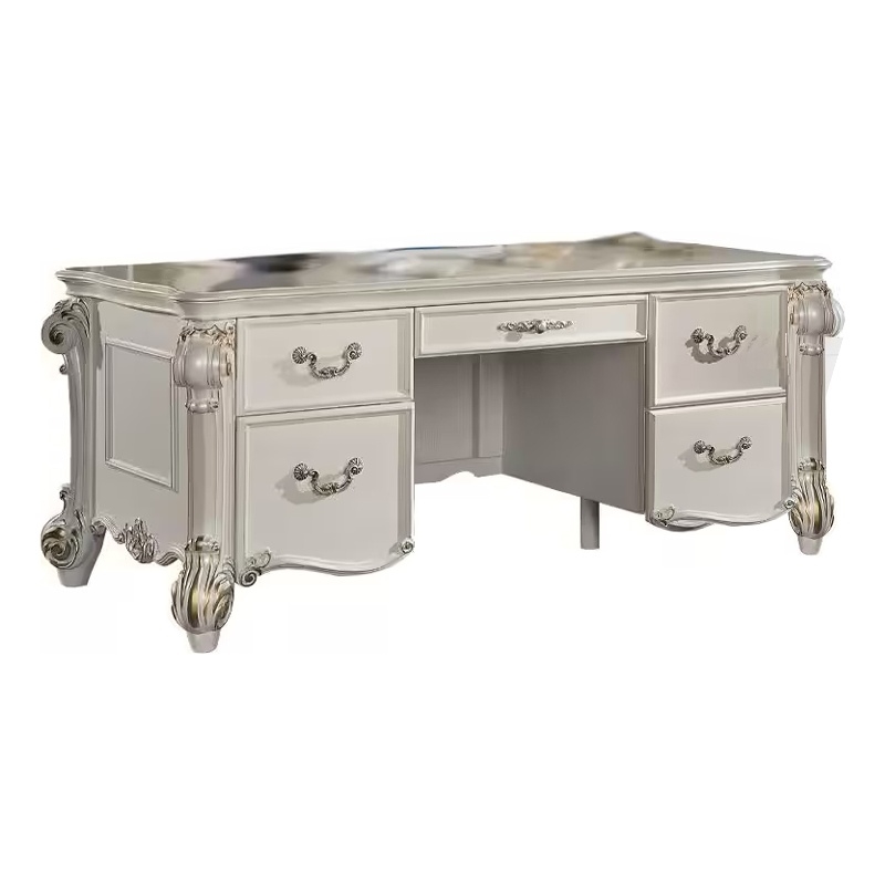 Antoine Home Office Desk- 5 Drawer- Pearl White Wood Gold- 74 Inch