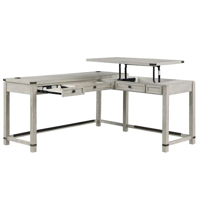 Gery L Corner Standing Sitting Desk with Lift Top- USB- White Wood