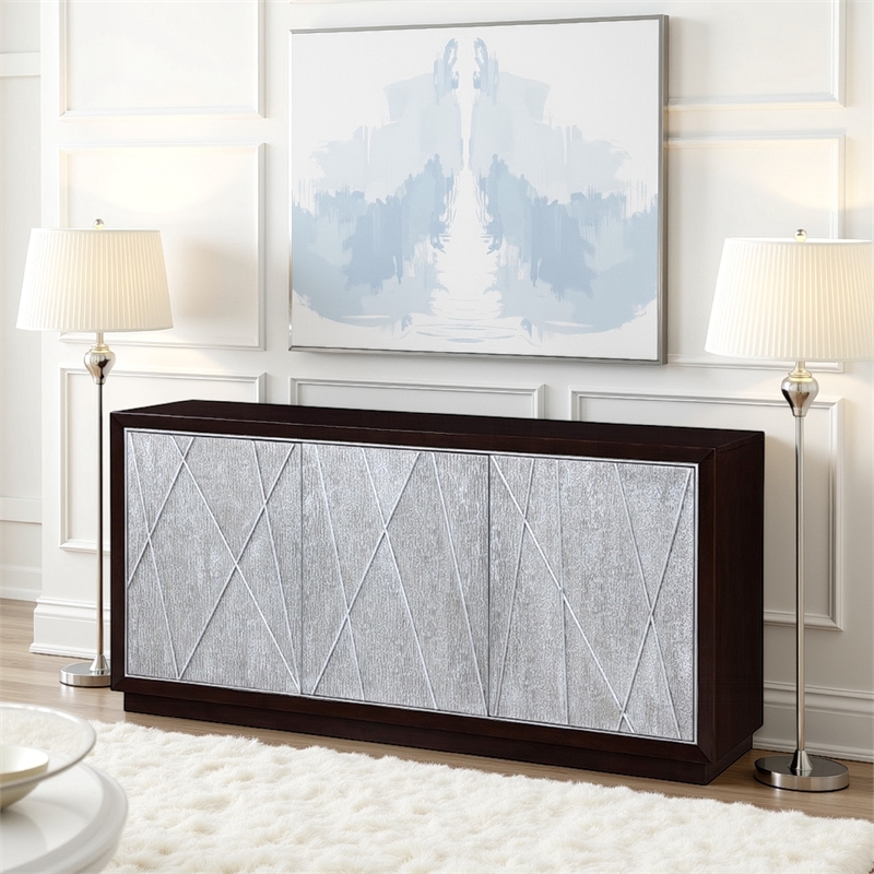 Sideboard Console Cabinet- Silver Metal Touch Open Door- 68 Inch Brown
