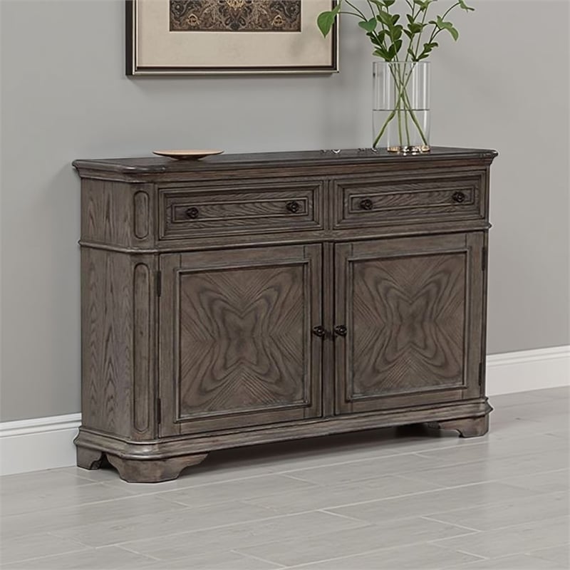 Sideboard Buffet Cabinet- 2 Storage Drawers- 56 Inch Oak Brown Wood