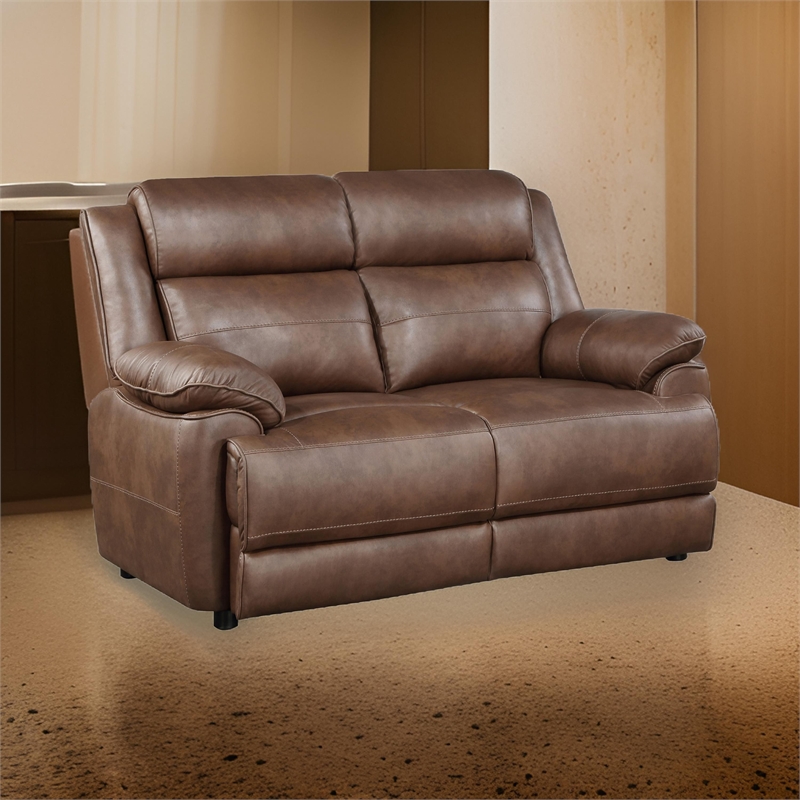 Ellen Loveseat-Brown Faux Leather-Foam Cushions-Pillow Top Arms-63 Inch
