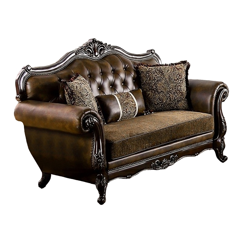 Sena Loveseat-Faux Leather-Rolled Arms-Cherry Brown Solid Wood-74 Inch