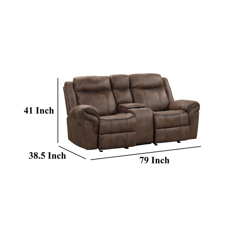 Arisa Loveseat-Brown Faux Leather-Storage Console and Cupholders-79 Inch