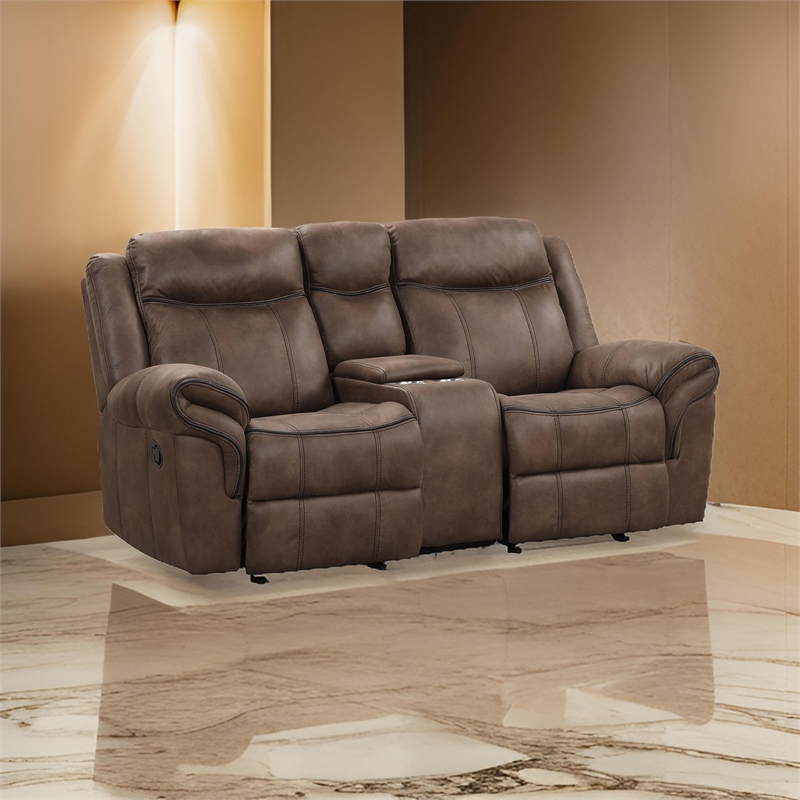 Arisa Loveseat-Brown Faux Leather-Storage Console and Cupholders-79 Inch