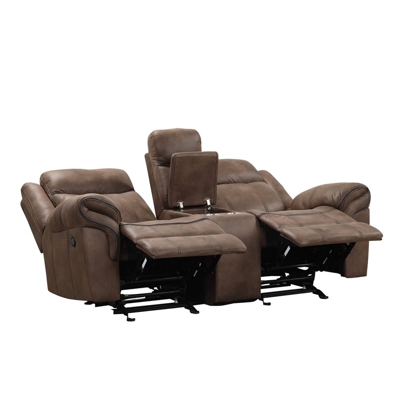 Arisa Loveseat-Brown Faux Leather-Storage Console and Cupholders-79 Inch