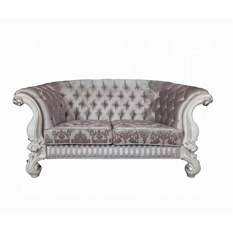 Kai Loveseat-5 Pillows-Tufted Ivory Fabric-Scrolled-White-76 Inch