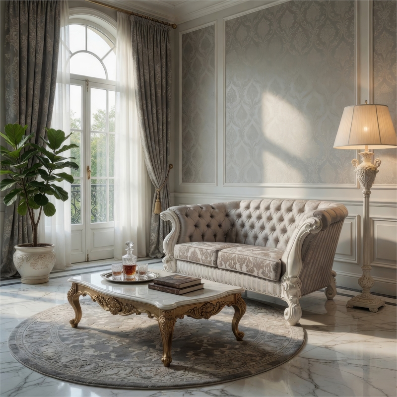 Kai Loveseat-5 Pillows-Tufted Ivory Fabric-Scrolled-White-76 Inch