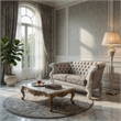 Kai Loveseat-5 Pillows-Tufted Ivory Fabric-Scrolled-White-76 Inch