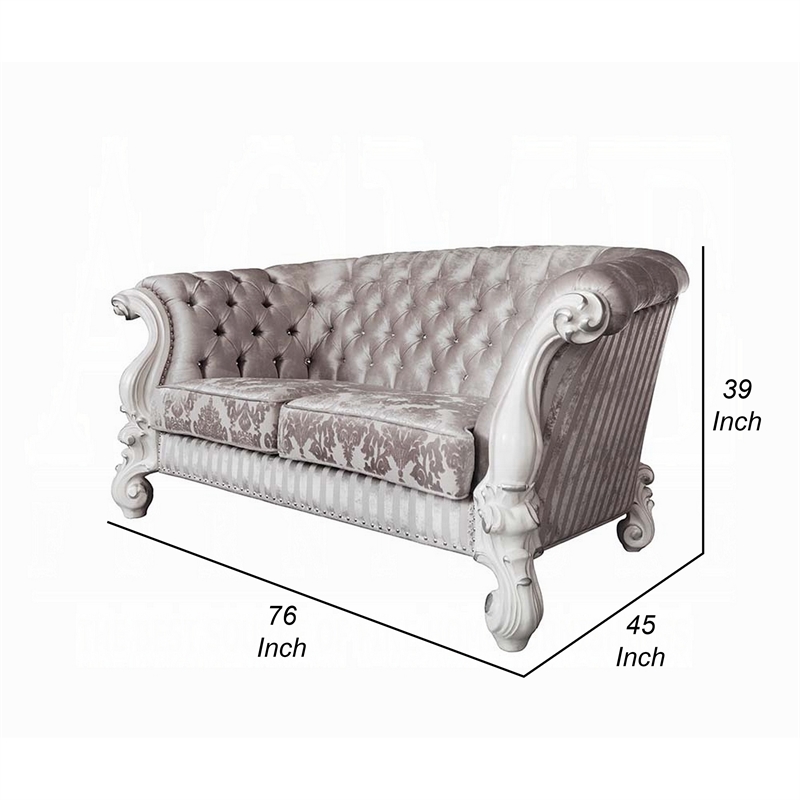 Kai Loveseat-5 Pillows-Tufted Ivory Fabric-Scrolled-White-76 Inch