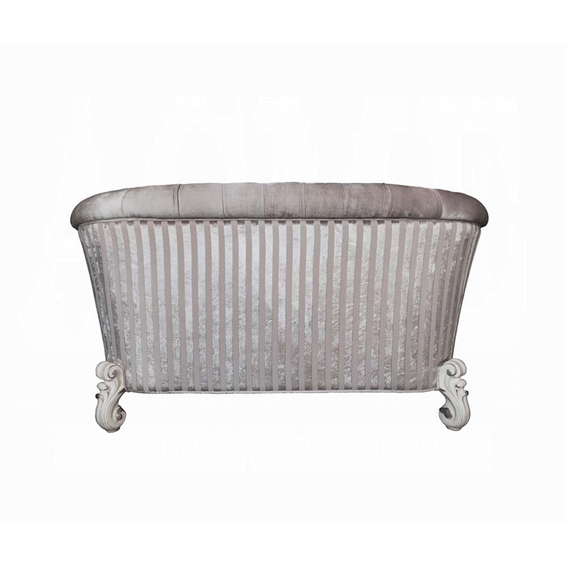 Kai Loveseat-5 Pillows-Tufted Ivory Fabric-Scrolled-White-76 Inch