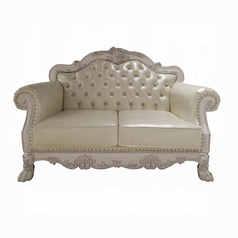 Ally Loveseat with 3 Pillows-64 Inch Wood-Vintage White Faux Leather
