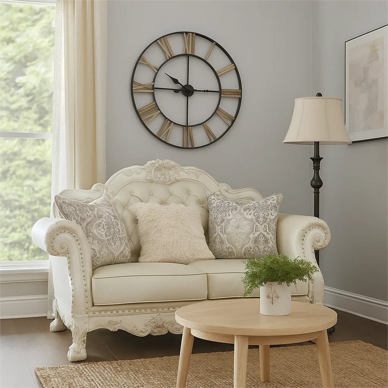 Ally Loveseat with 3 Pillows-64 Inch Wood-Vintage White Faux Leather