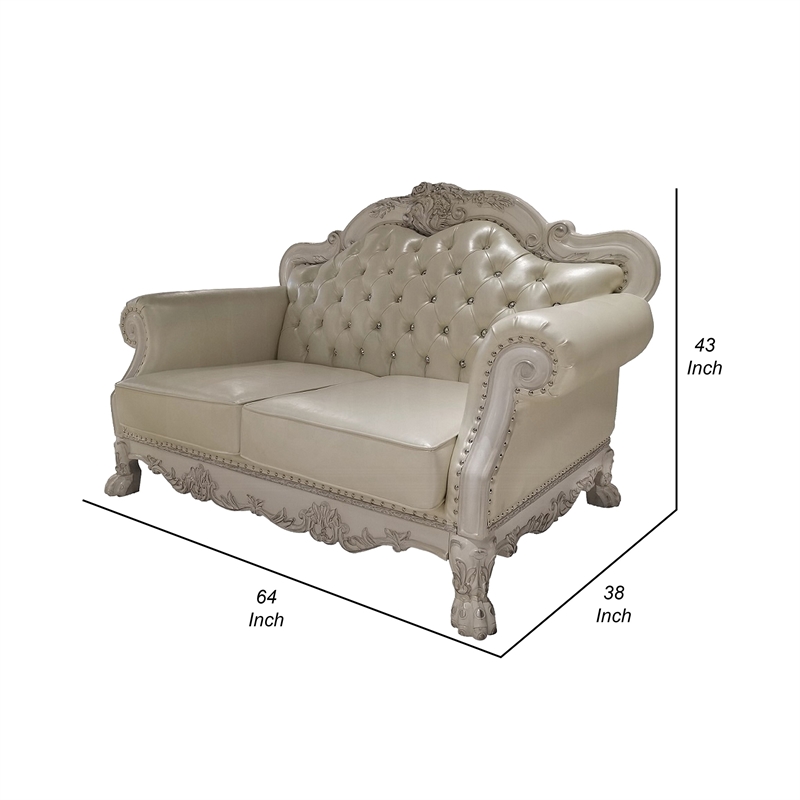 Ally Loveseat with 3 Pillows-64 Inch Wood-Vintage White Faux Leather