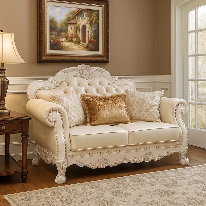 Ally Loveseat with 3 Pillows-64 Inch Wood-Vintage White Faux Leather