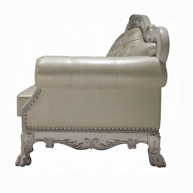 Ally Loveseat with 3 Pillows-64 Inch Wood-Vintage White Faux Leather
