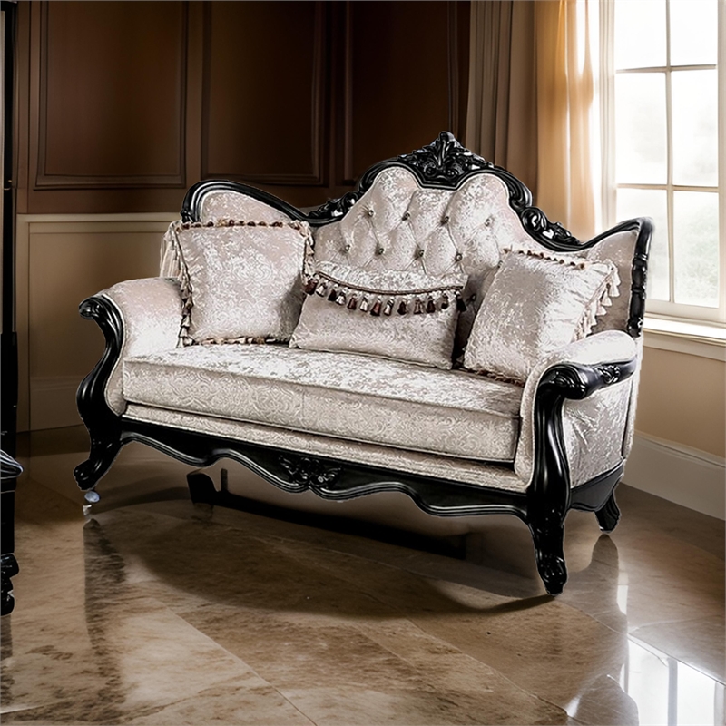 Paulo Loveseat-Carved Details-Black Solid Wood-71 Inch