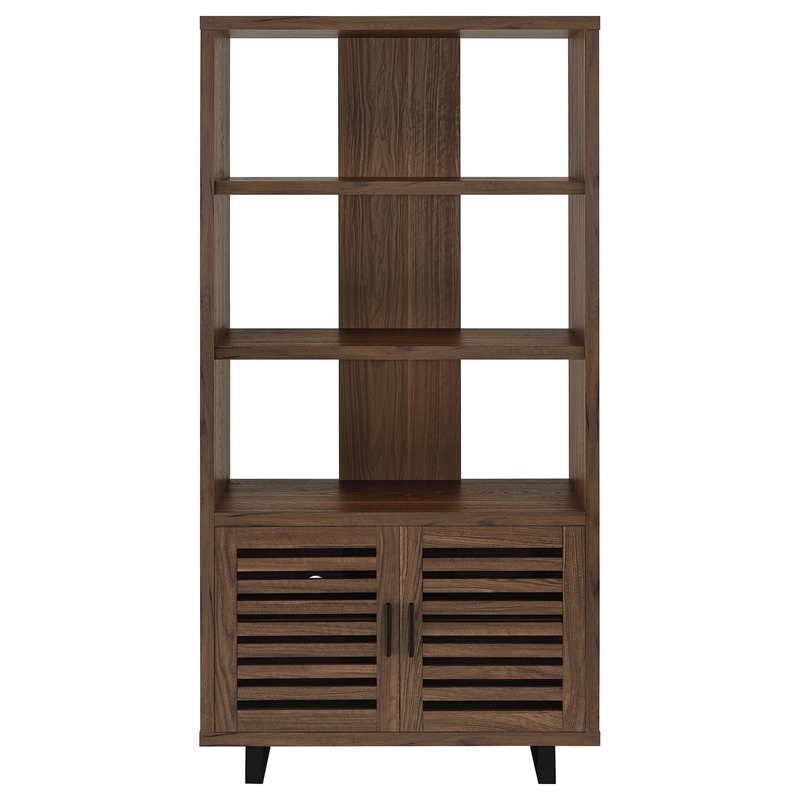 Doxx Bookcase-Slatted Cabinet-Black Open Frame Legs-Walnut Brown