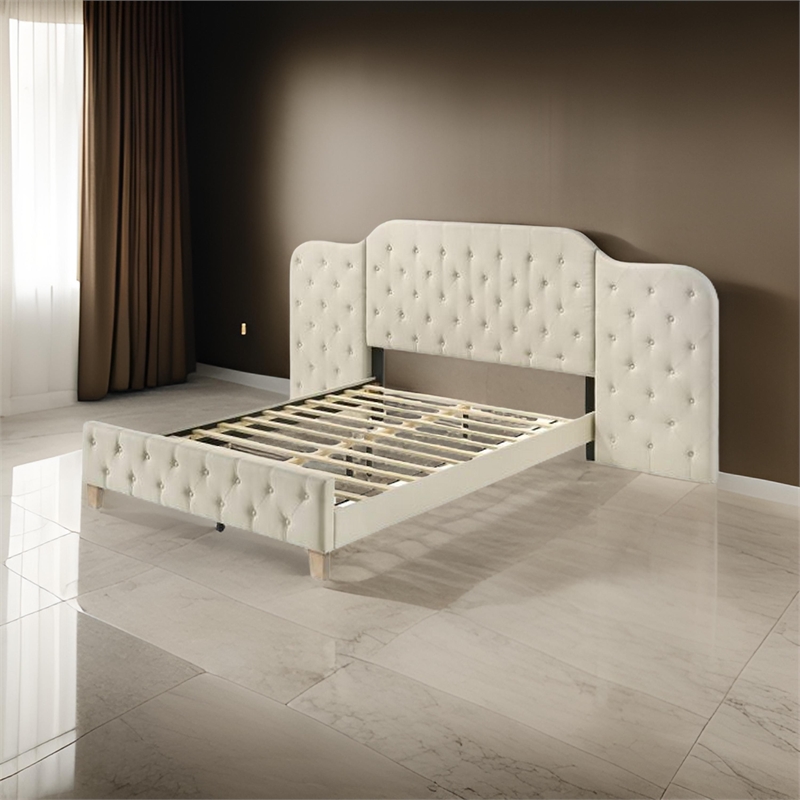 Ronny Inch Queen Size Bed- Wall Headboard- Beige Linen Tufted Upholstery