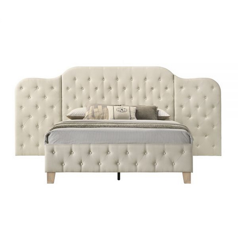 Ronny Inch Queen Size Bed- Wall Headboard- Beige Linen Tufted Upholstery