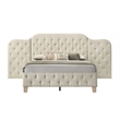 Ronny Inch Queen Size Bed- Wall Headboard- Beige Linen Tufted Upholstery