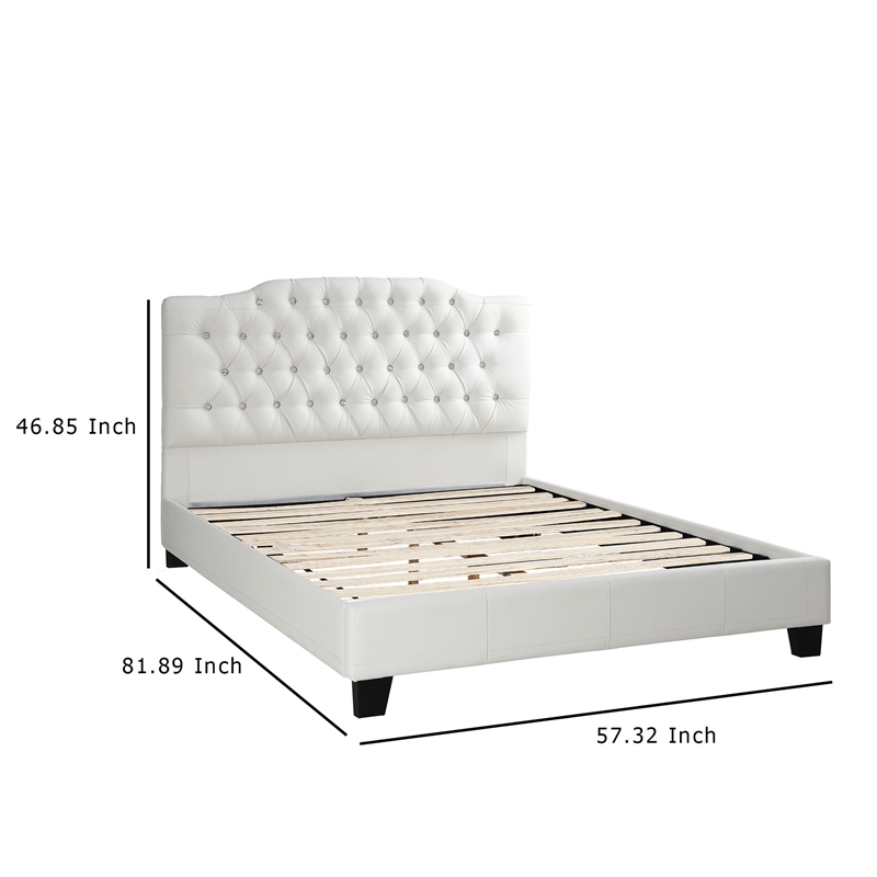 Full Size Bed- Tufted Curved- White Faux Leather Upholstered Pine Wood