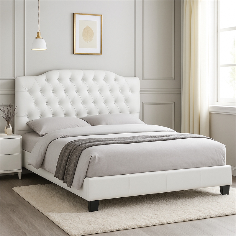 Full Size Bed- Tufted Curved- White Faux Leather Upholstered Pine Wood