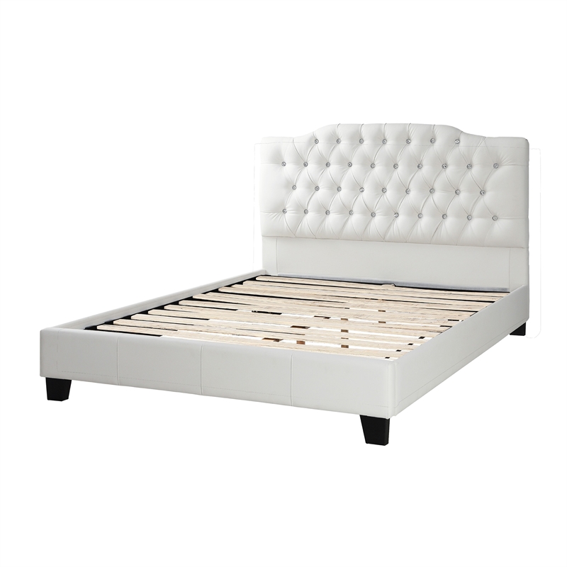 Full Size Bed- Tufted Curved- White Faux Leather Upholstered Pine Wood
