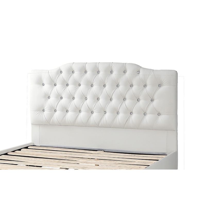 Full Size Bed- Tufted Curved- White Faux Leather Upholstered Pine Wood