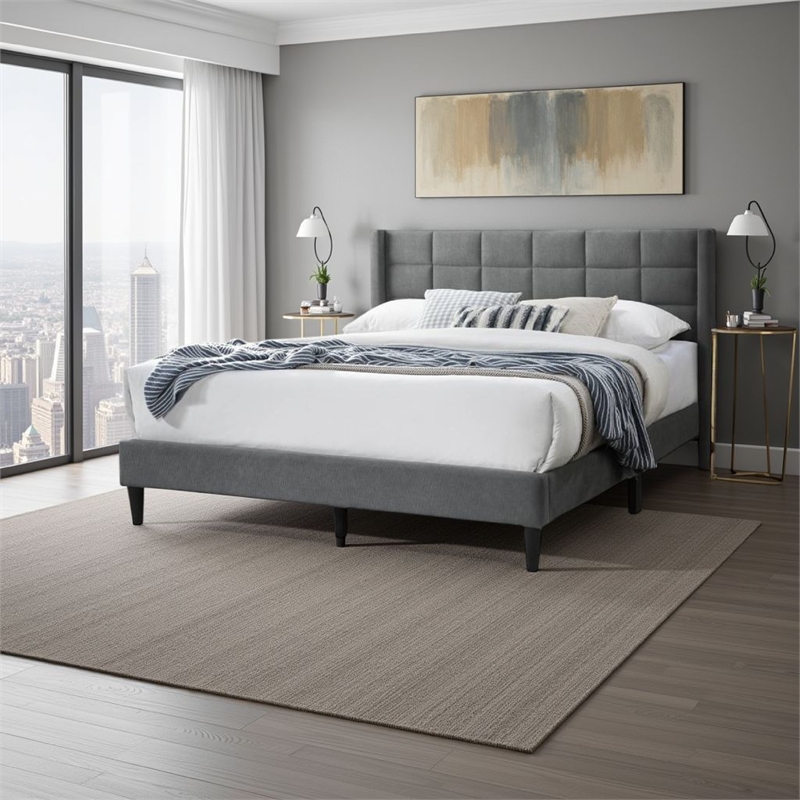 Meno Queen Size Bed- Square Stitched Slate Gray Linen Upholstery