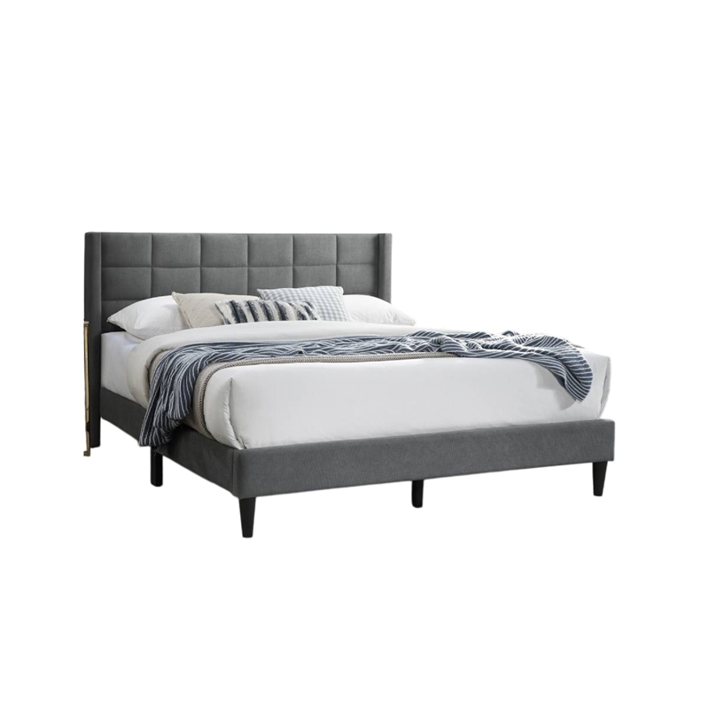 Meno Queen Size Bed- Square Stitched Slate Gray Linen Upholstery