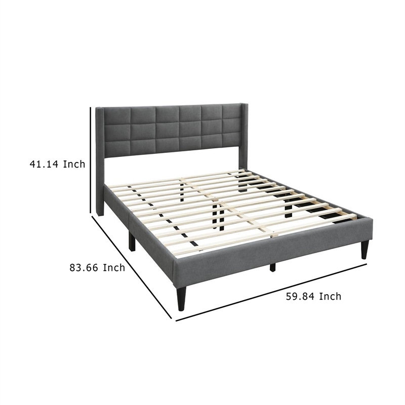 Meno Queen Size Bed- Square Stitched Slate Gray Linen Upholstery